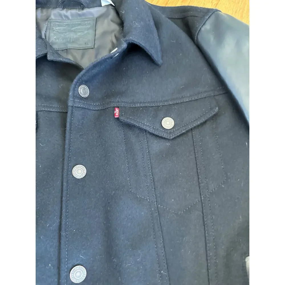 Levi’s x Thermore Men’s Black Wool Leather Sleeve Varsity Trucker Jacket XL